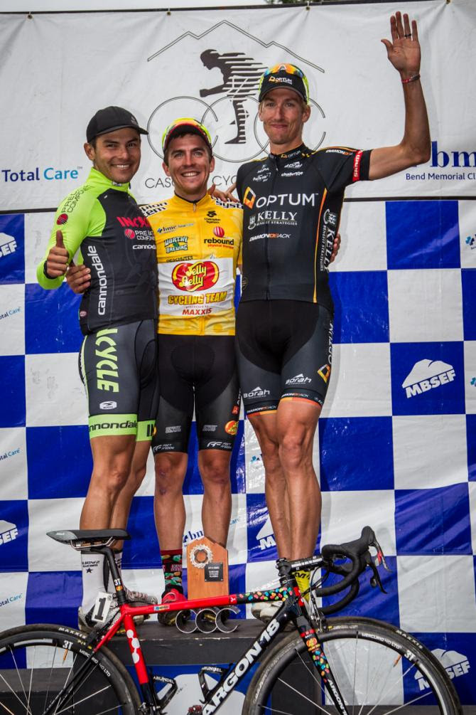 Serghei Tvetcov poses on the podium after winning the overall at the Cascade Cycling Classic in Oregon.
